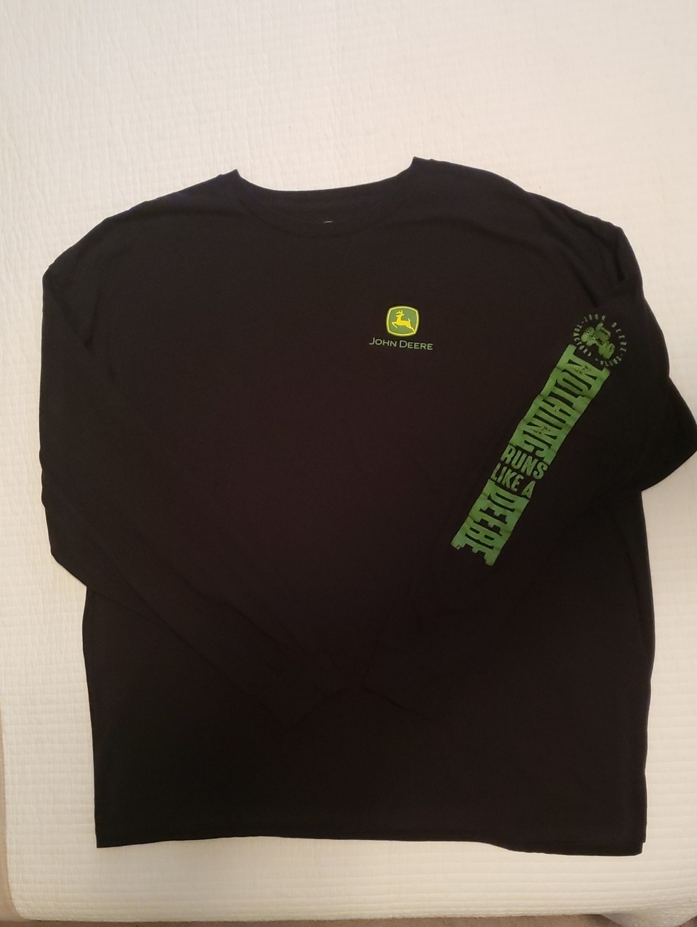John Deere Black Long Sleeve Tee with Green Logo and Sleeve Print